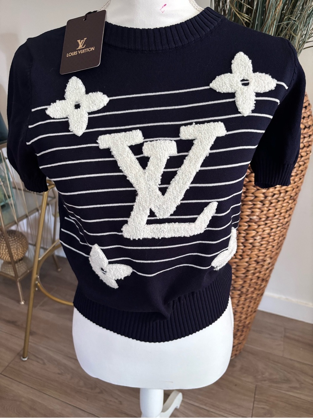 Navy and White Monogram Terry-Knit Short Sleeve Sweater